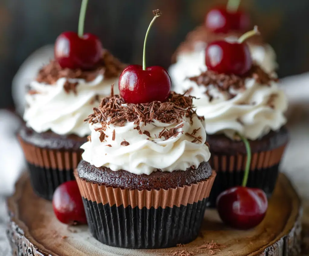 Delicious Black Forest Cupcakes topped with whipped cream and cherry for a decadent treat