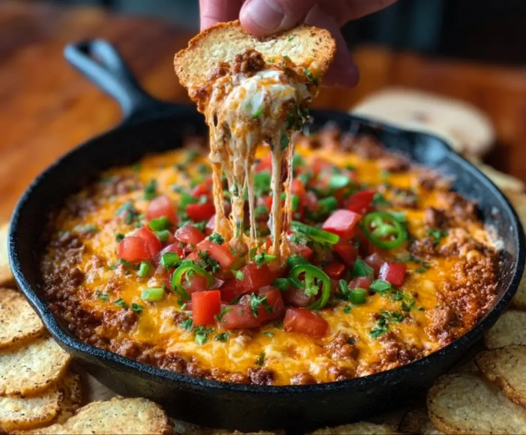 Creamy and cheesy Bold Cheesy Texas Trash Dip served with tortilla chips for a flavorful appetizer.