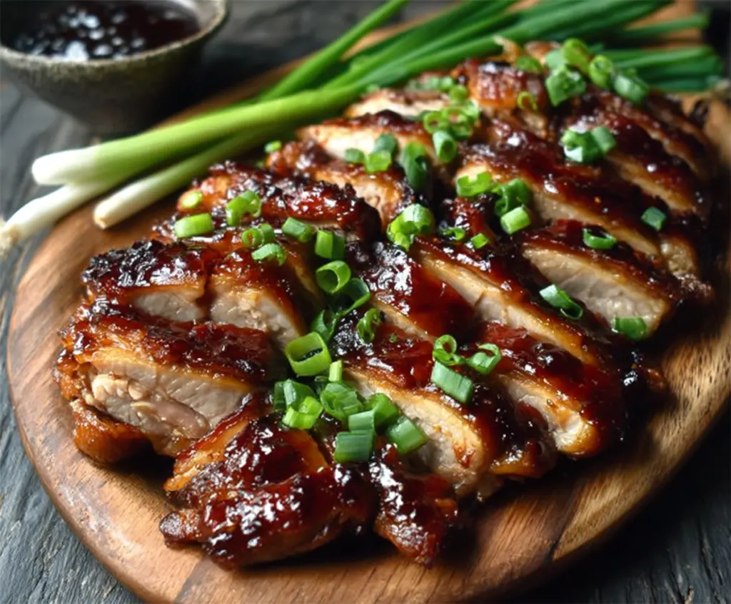 Delicious Char Siu Chicken with tender slices and vibrant glaze on a white plate