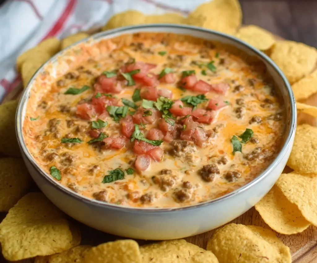 Delicious cheesy sausage Rotel dip served with tortilla chips for a flavorful appetizer.