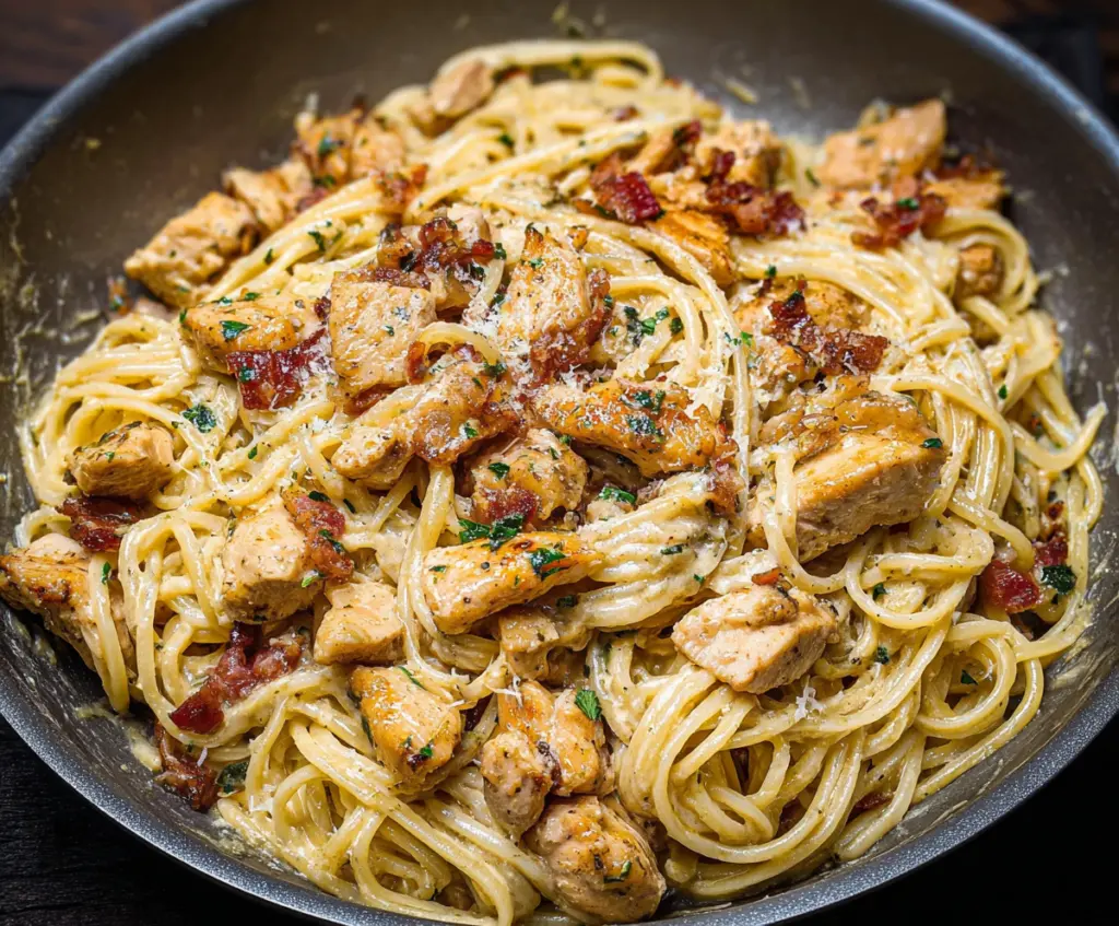 Delicious Chicken Carbonara Pasta with creamy sauce and crispy bacon served on a white plate.