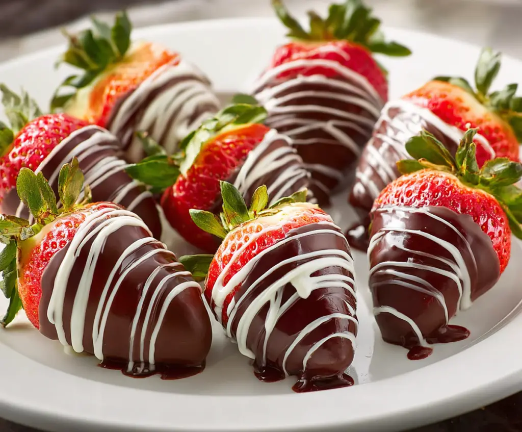 Delicious chocolate covered strawberries on a white plate, perfect for dessert or special occasions.
