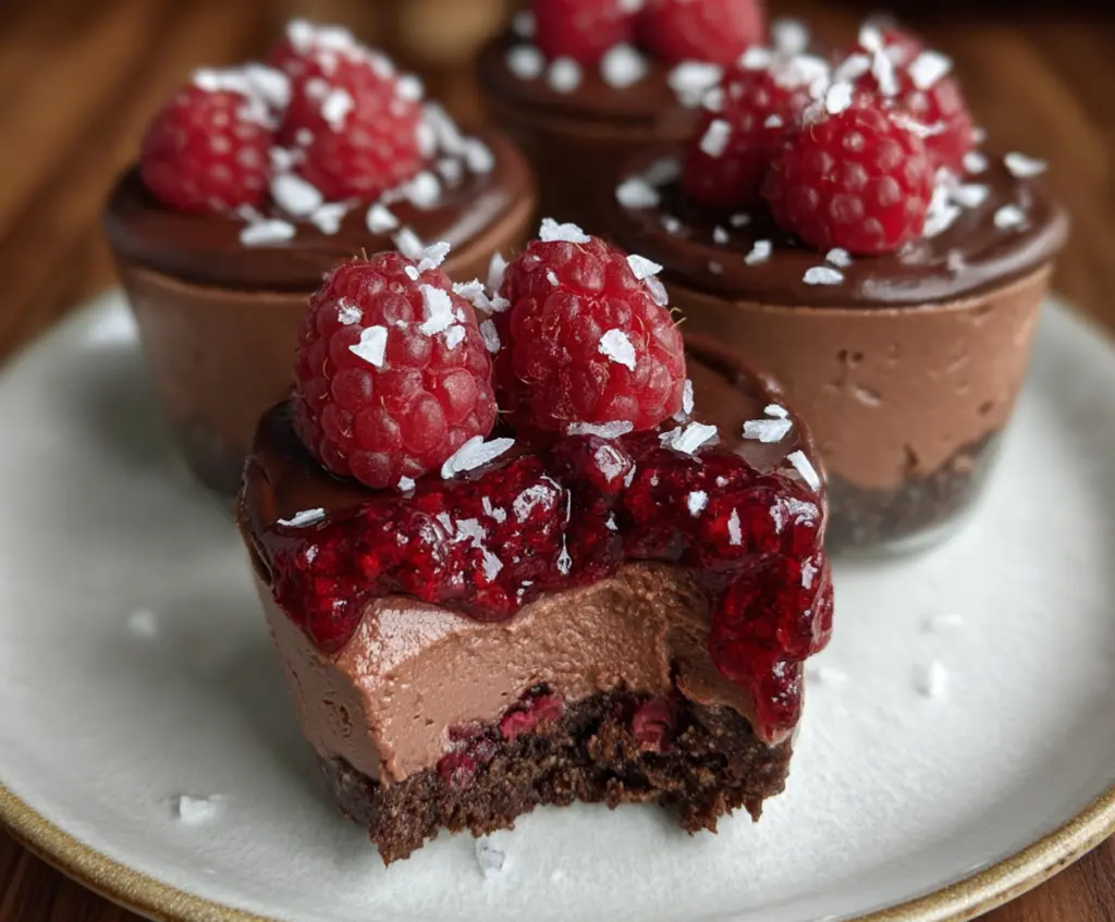Delicious Chocolate Raspberry Mousse Cups topped with fresh raspberries and cocoa powder