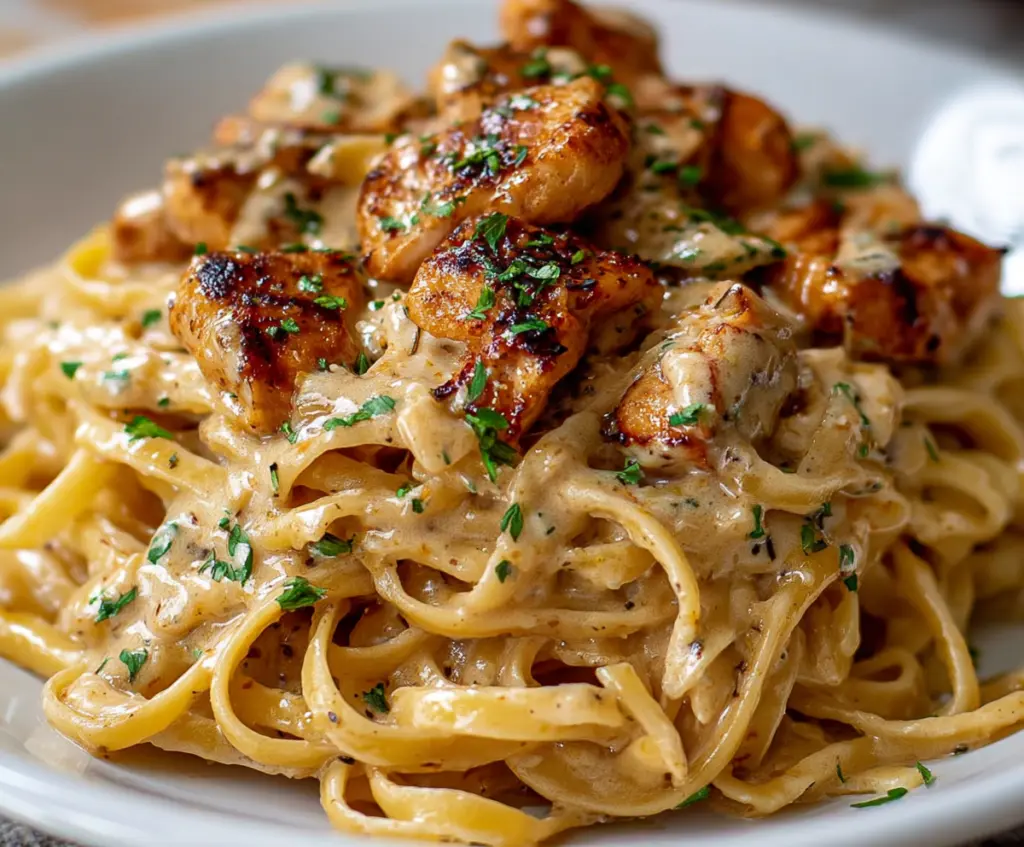 Creamy Cowboy Butter Chicken Pasta with herbs and spices in a rustic bowl
