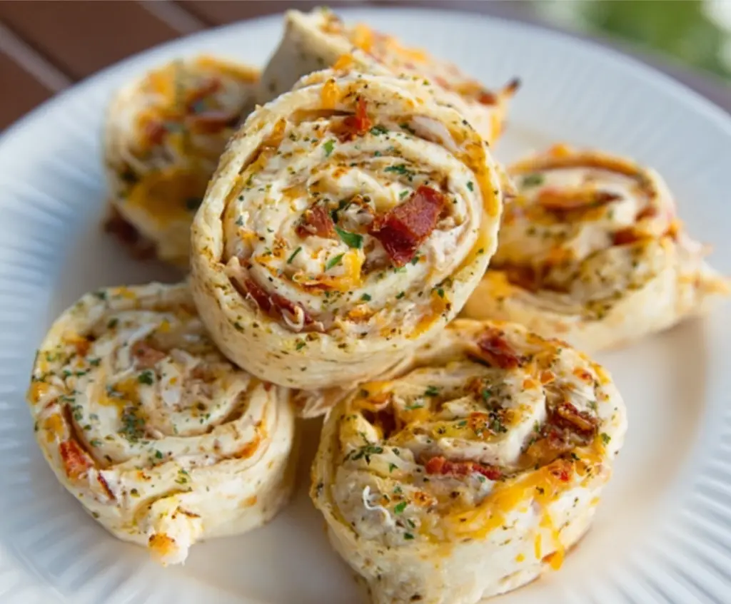 Delicious Crack Chicken Pinwheels with crispy golden crust and cheesy filling on a serving plate.