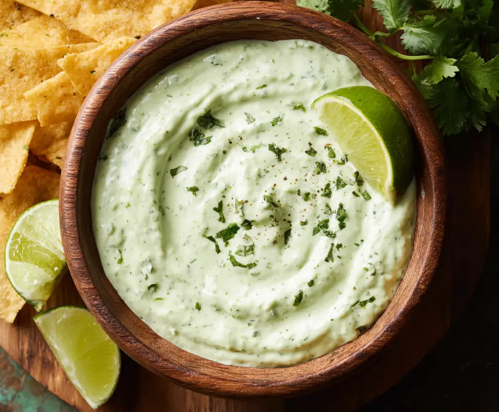 Creamy avocado cilantro lime dip served in a bowl, garnished with fresh cilantro and lime wedges.