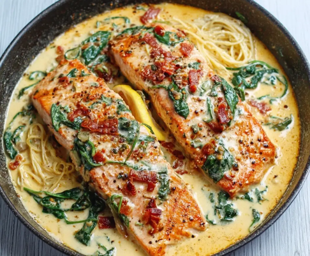 Delicious creamy Tuscan salmon dish with spinach and sun-dried tomatoes served on a white plate