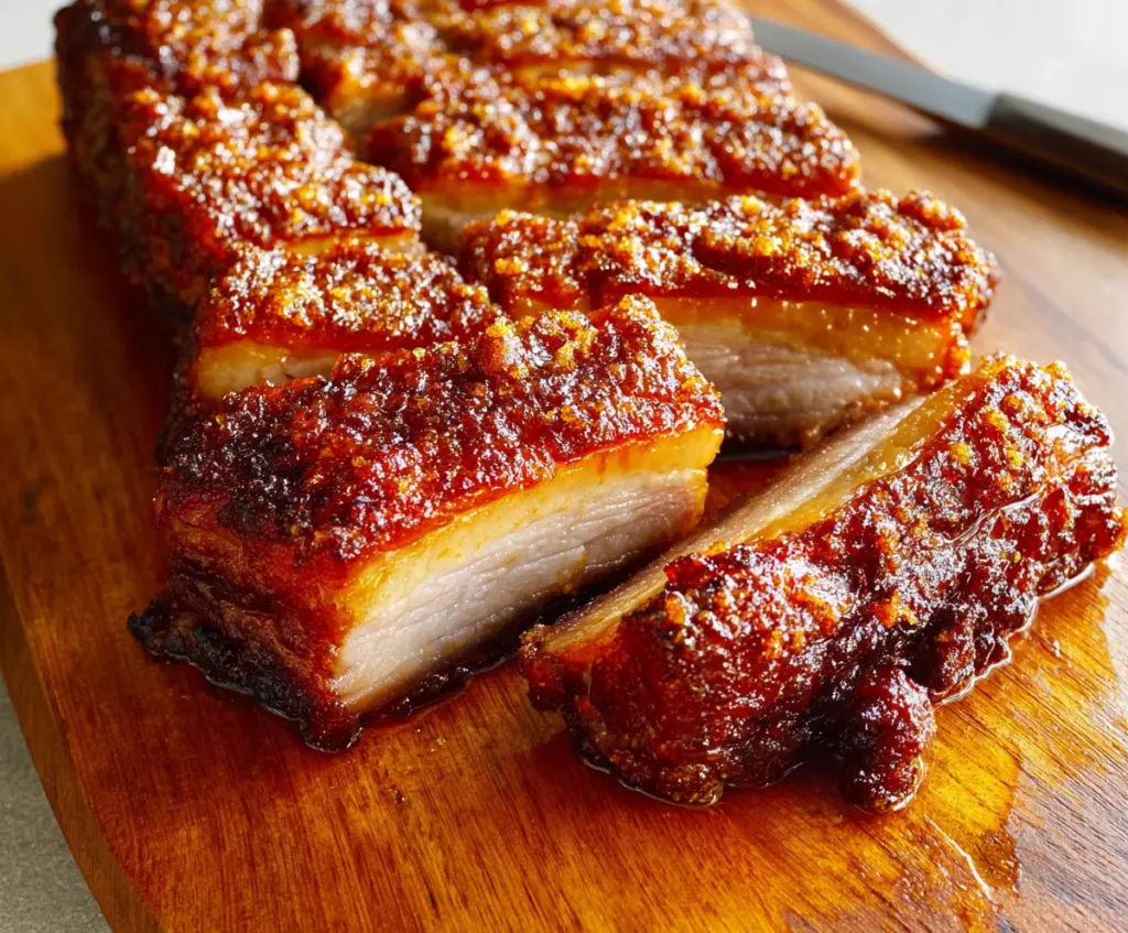 Delicious crispy pork belly with golden, crunchy skin and tender meat, perfect for a flavorful meal.