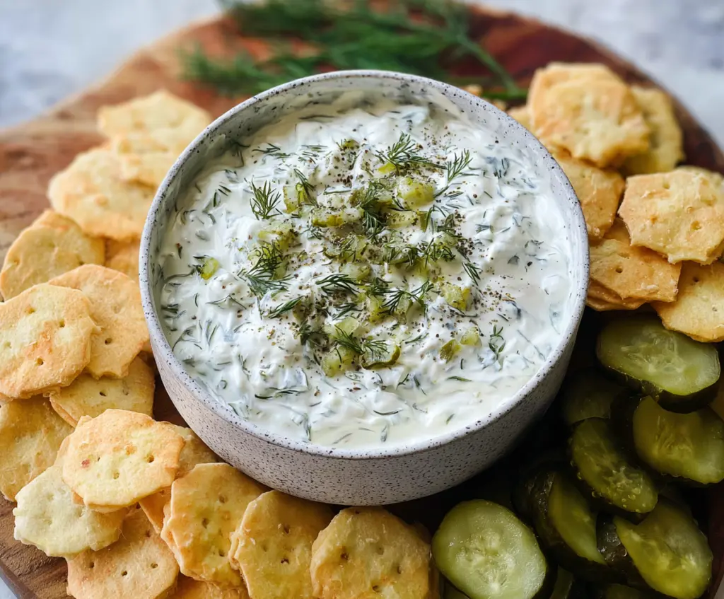 Creamy dill pickle dip served with fresh vegetables and chips, perfect for parties and gatherings.