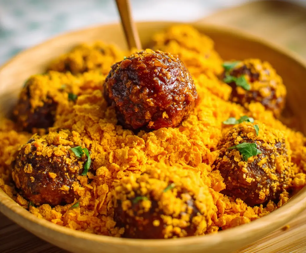 Delicious Dorito Meatballs served with dipping sauce on a plate.