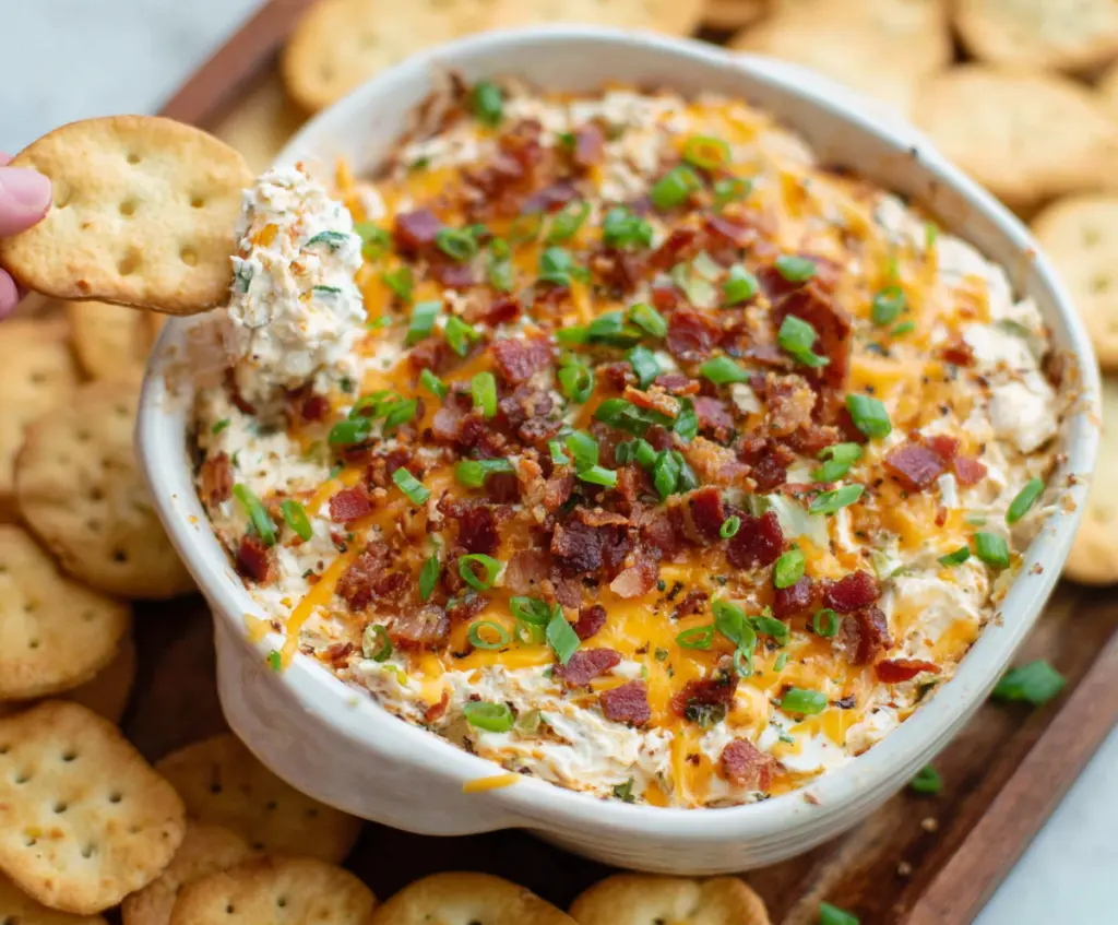Delicious Easy Million Dollar Dip with creamy cheese and savory toppings in a bowl.