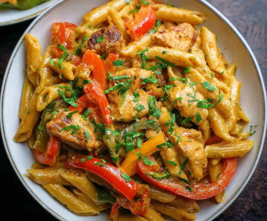 Delicious Fajita Chicken Pasta with colorful peppers and melted cheese on a serving plate.