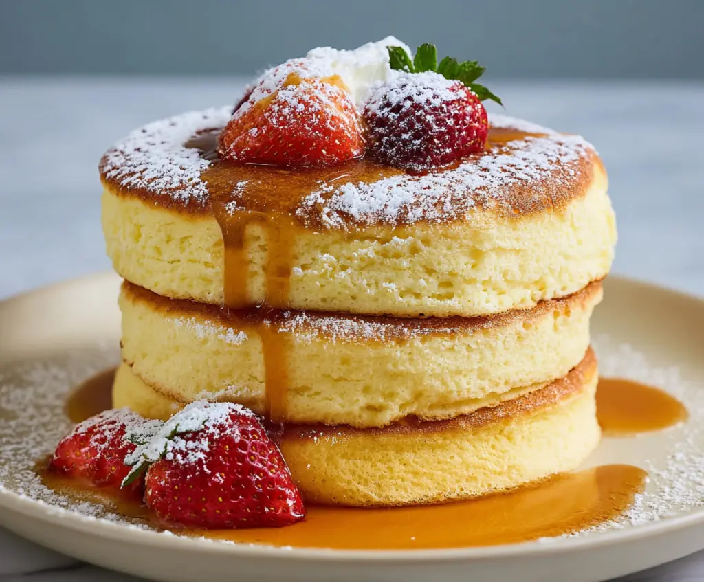 Delicious fluffy Japanese Soufflé Pancakes stacked on a plate, showcasing their airy and light texture.
