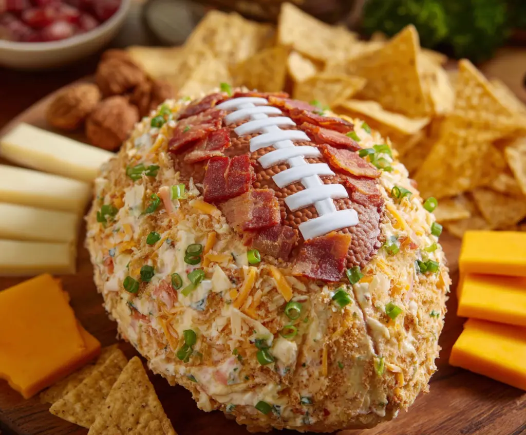 Delicious Football Cheese Ball perfect for game day snacking with creamy cheese and savory toppings
