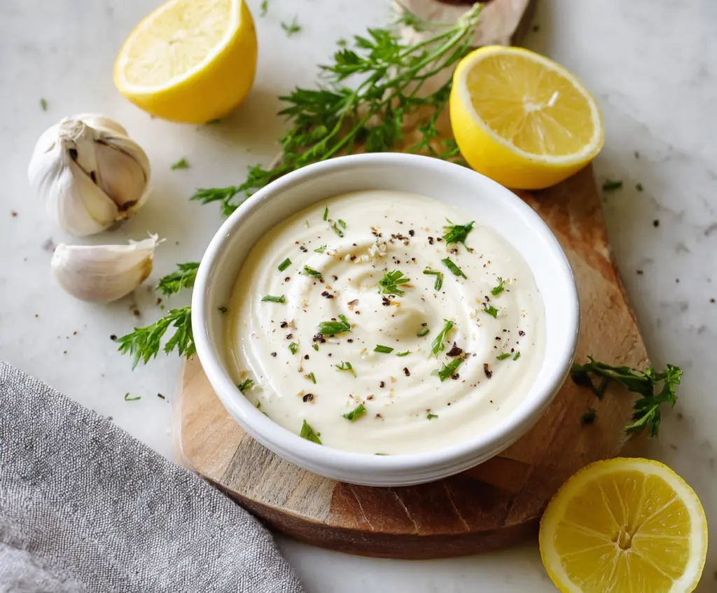 Creamy garlic aioli sauce served as a delicious dipping condiment.