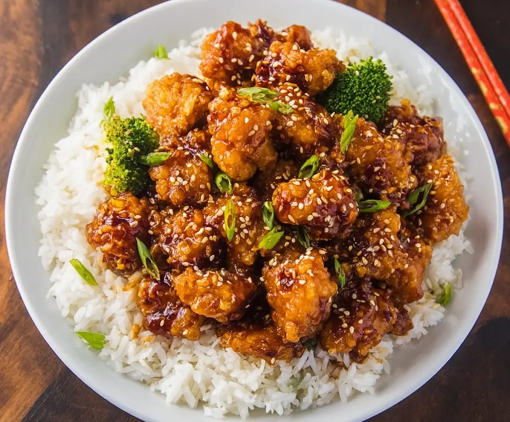Delicious crispy General Tso’s Chicken served with steamed vegetables and rice on a plate.
