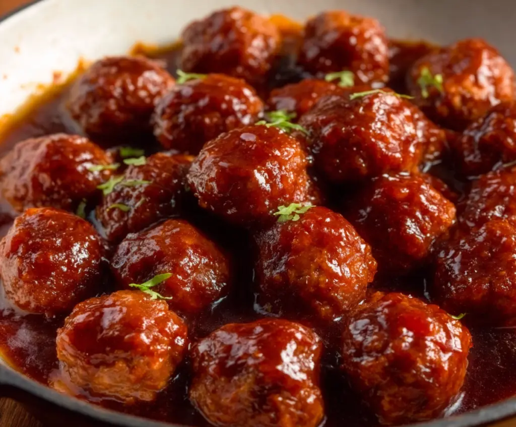 Delicious grape jelly meatballs served as an appetizer or main dish.