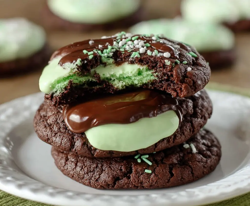 Delicious Grasshopper Cake Mix Cookies topped with chocolate and mint for a refreshing treat.
