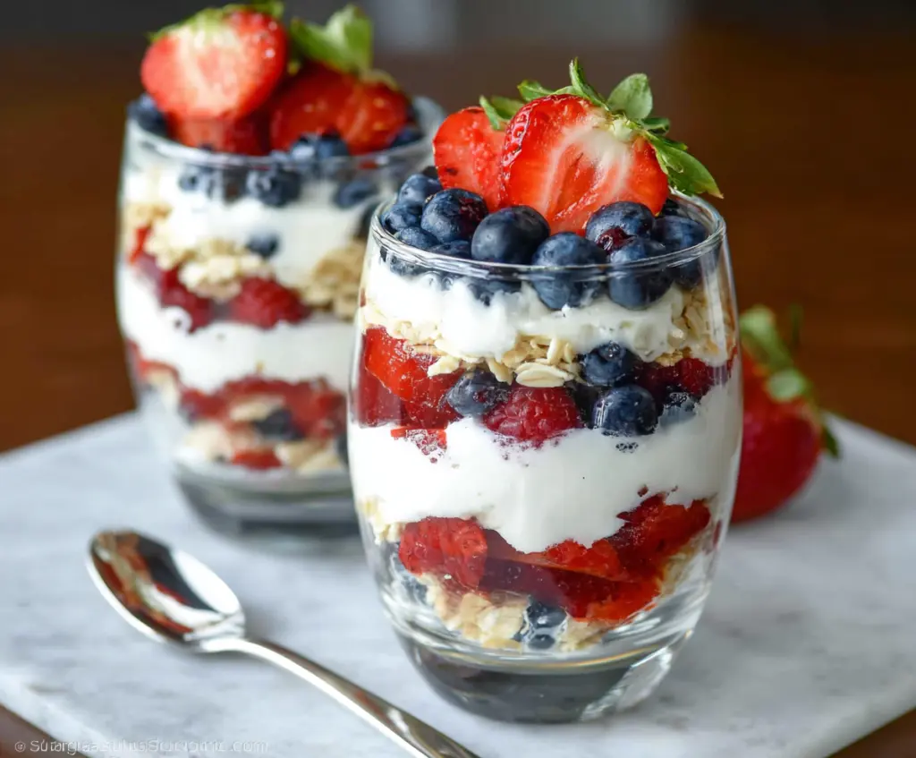 Healthy Greek yogurt berry parfait layered with fresh strawberries and blueberries in a glass.