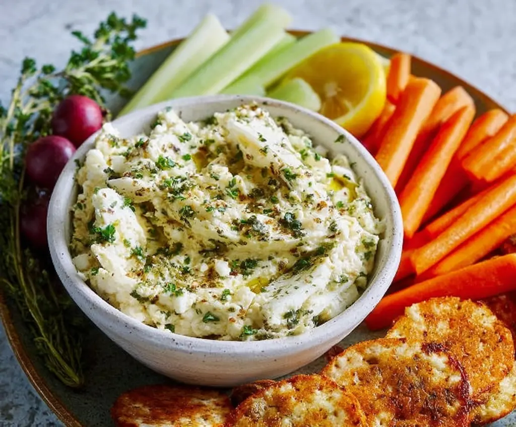Creamy hearts of palm dip served with fresh vegetables and chips, perfect for appetizers and parties