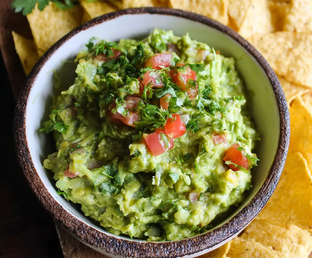 Creamy homemade guacamole with ripe avocados, tomatoes, onions, and cilantro in a bowl, perfect for dipping.