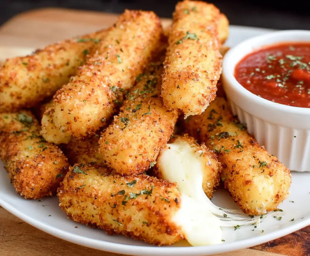 Crispy homemade mozzarella sticks served with marinara sauce on a white plate.
