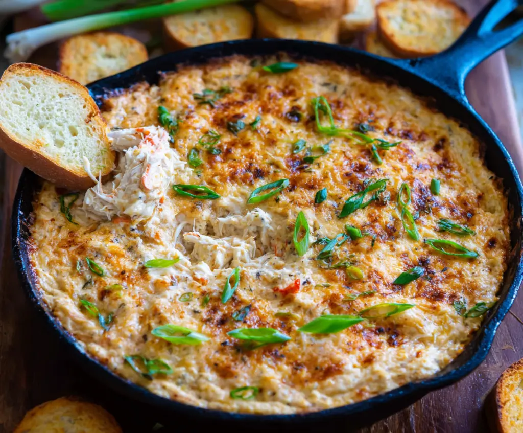 Delicious hot crab dip served in a bowl with crispy bread slices for dipping.
