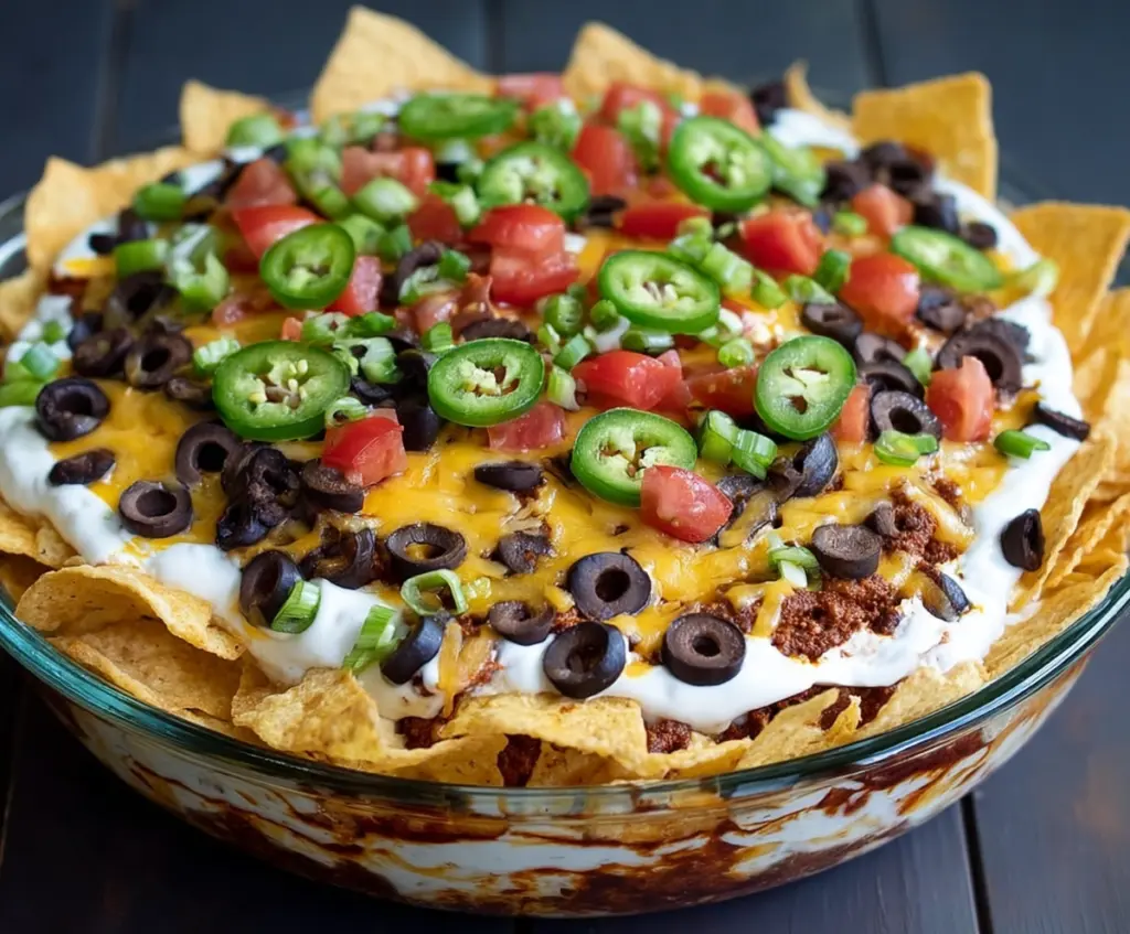 Delicious layered nacho dip with melted cheese, jalapenos, and fresh toppings served in a glass dish.
