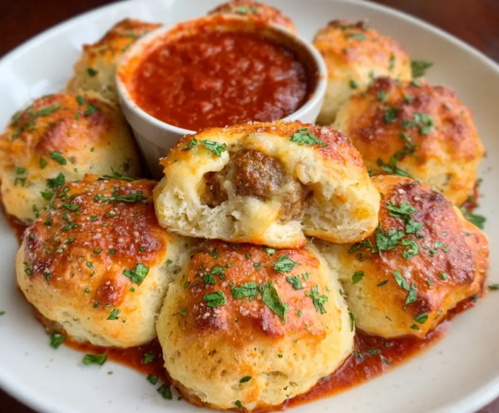 Delicious meatball stuffed biscuits topped with melted cheese, perfect for a savory snack or meal.
