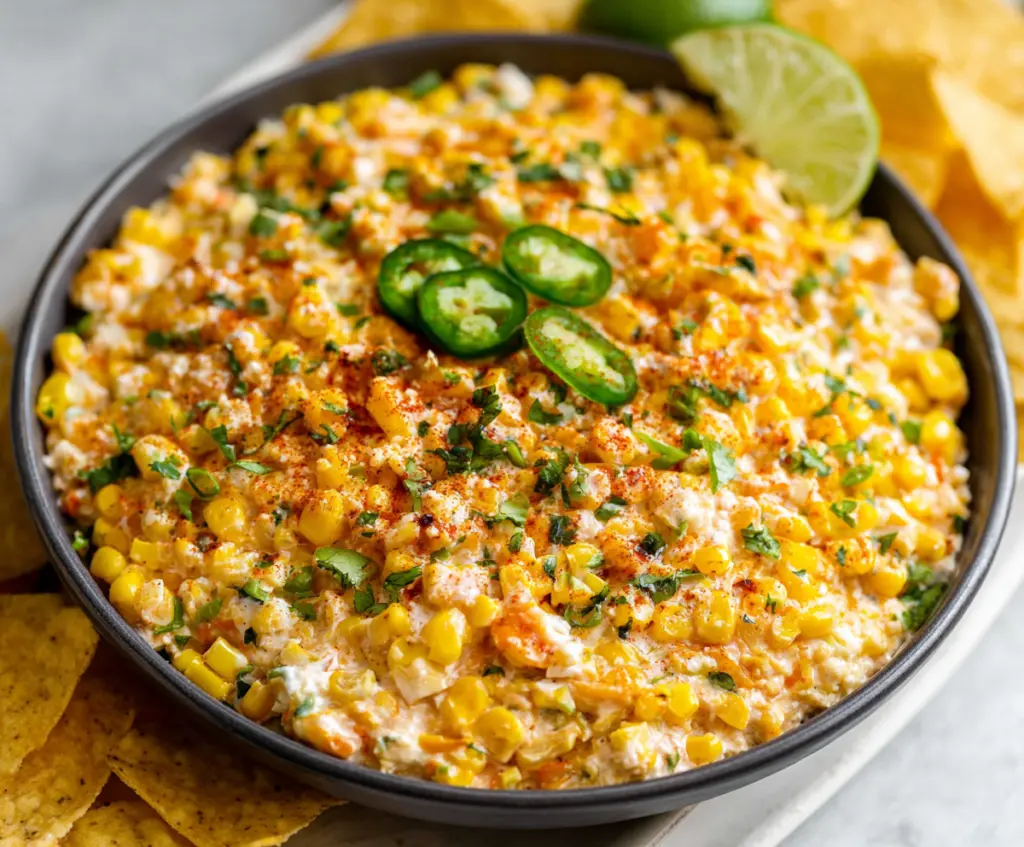 Creamy Mexican Street Corn Dip topped with cotija cheese, cilantro, and lime for a flavorful appetizer