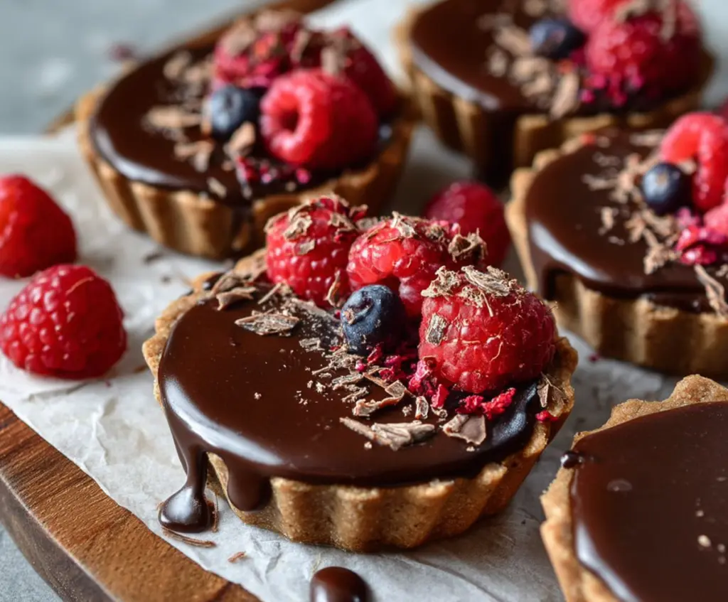 Delicious mini chocolate tarts topped with smooth ganache, perfect for dessert lovers.