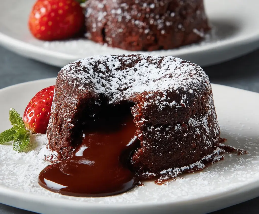 Decadent molten chocolate lava cake with gooey center served on a plate