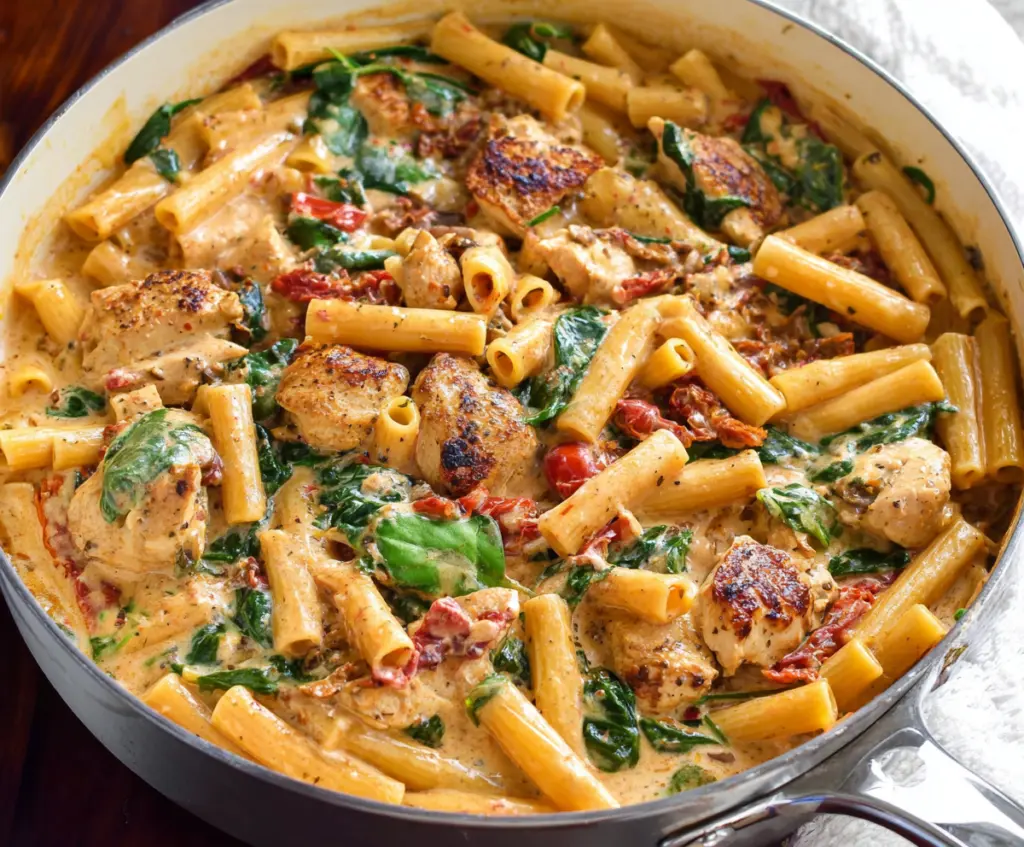 Creamy One Pot Tuscan Chicken Pasta with spinach and sun-dried tomatoes in a skillet