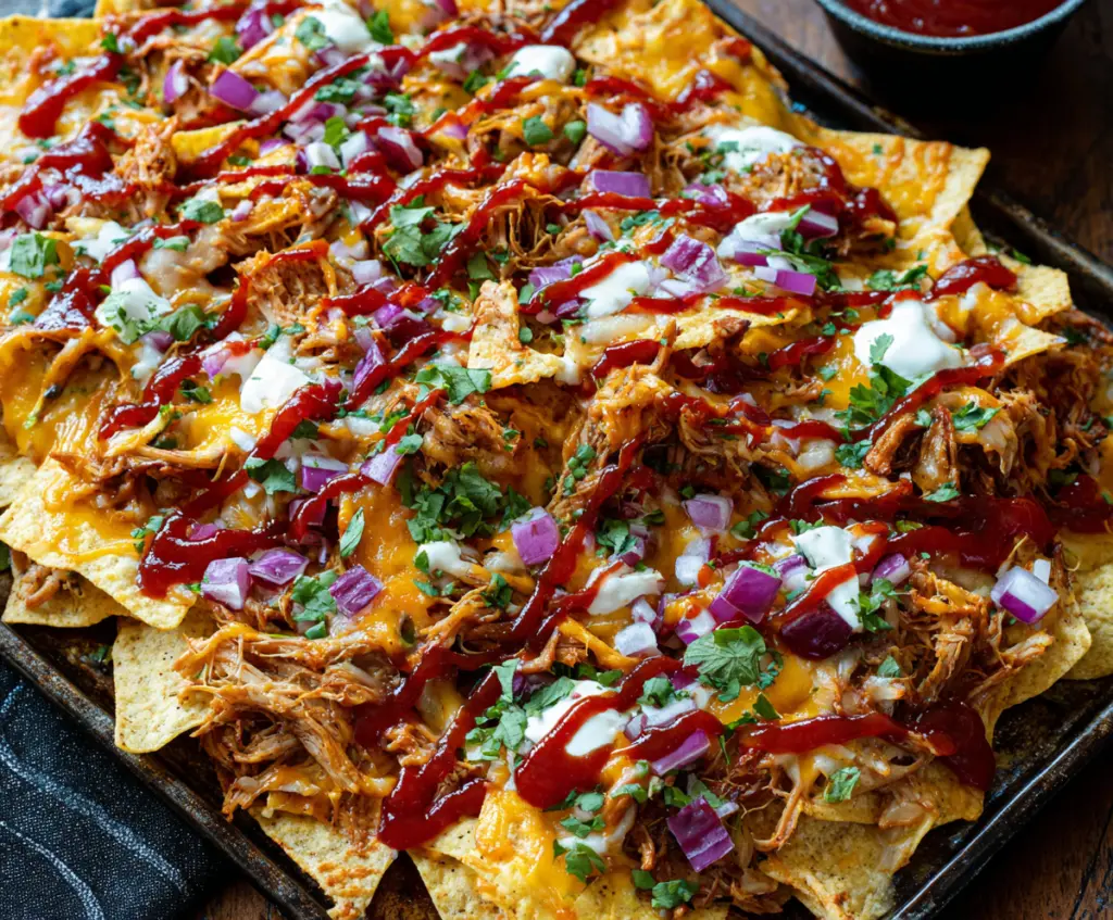 Delicious pulled pork nachos topped with cheese, jalapenos, and sour cream on a plate