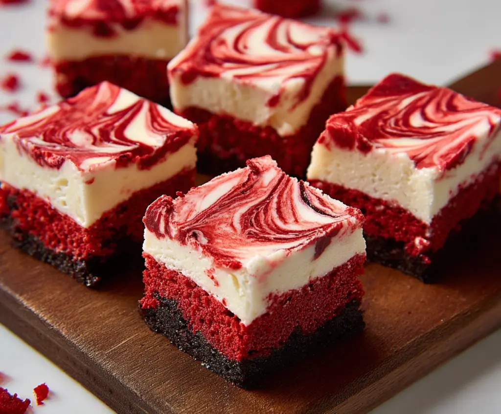 Delicious Red Velvet Cheesecake Bars with creamy topping and vibrant red color on a plate.