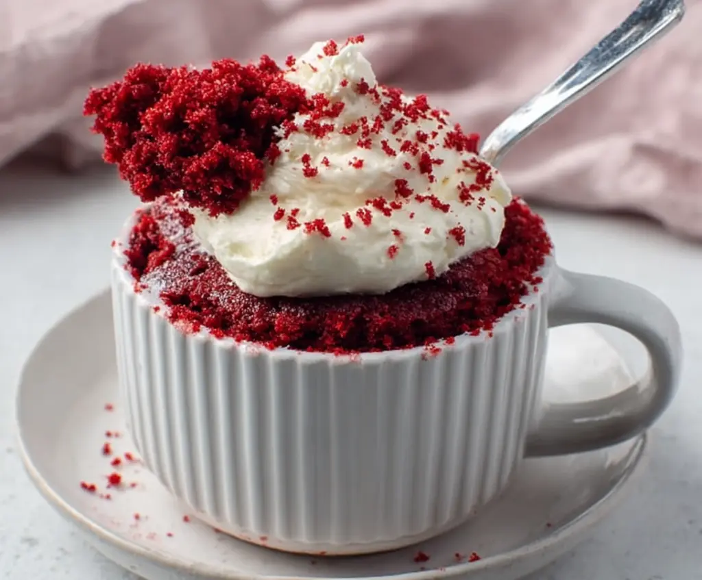 Delicious Red Velvet Mug Cake topped with cream cheese frosting in a cozy kitchen setting.