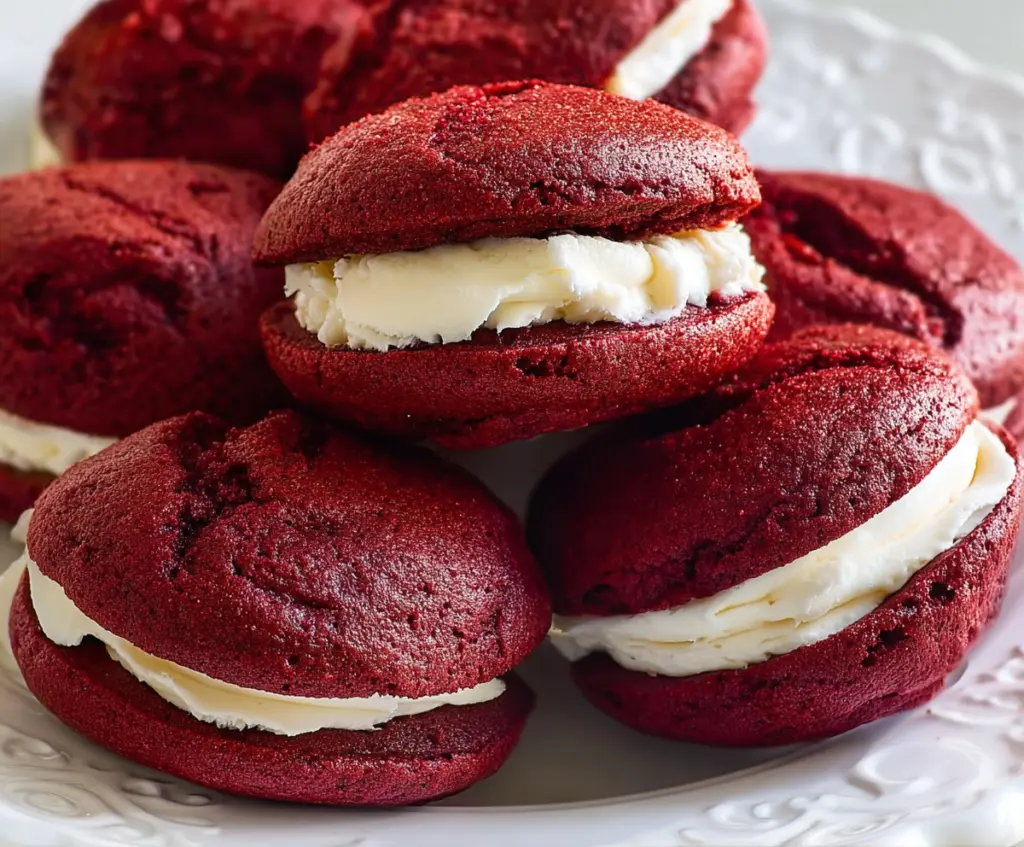 Delicious red velvet whoopie pies with creamy filling, perfect for dessert or treats.