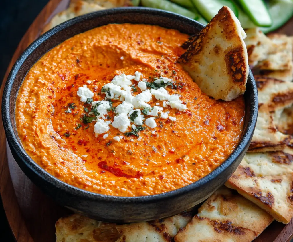 Creamy roasted red pepper and feta dip garnished with fresh herbs, perfect for snacks and parties.