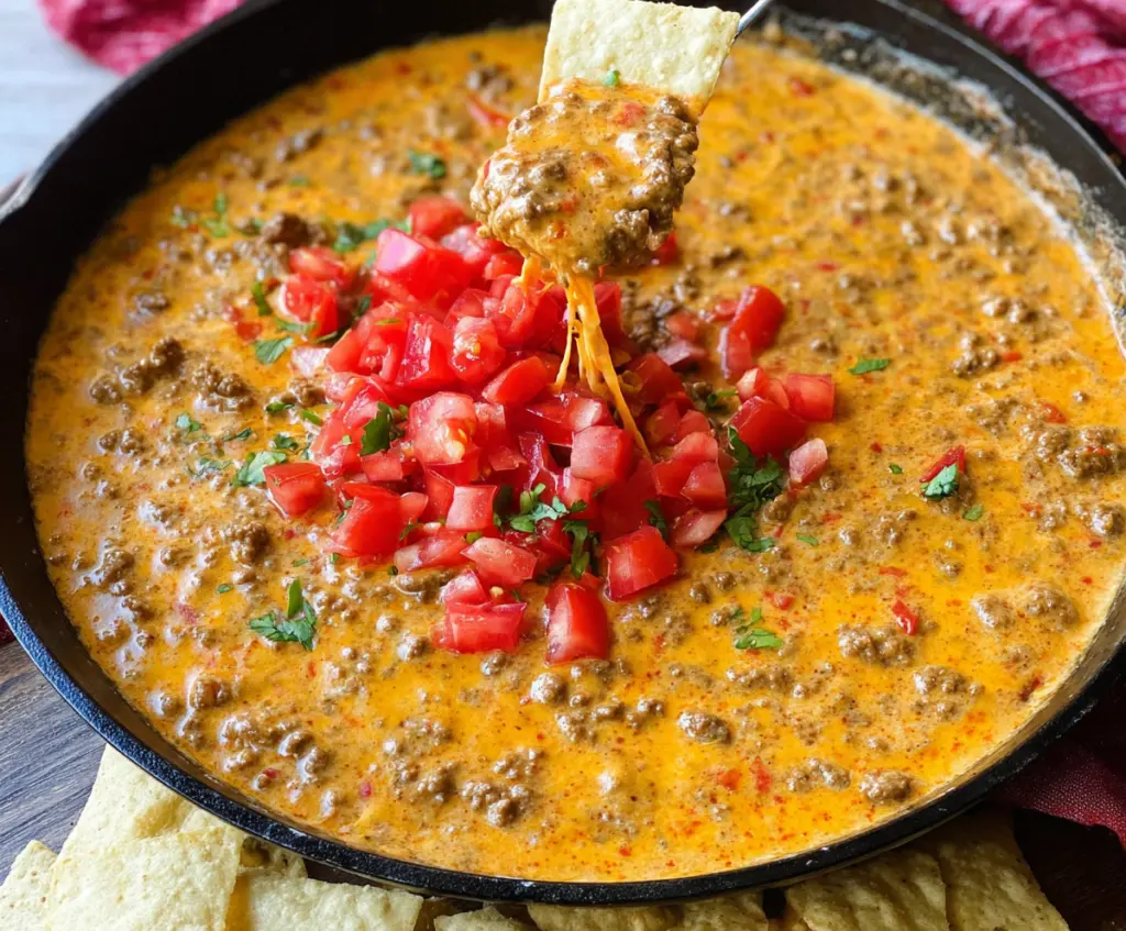 Delicious Rotel dip with ground beef served with tortilla chips for a tasty appetizer.