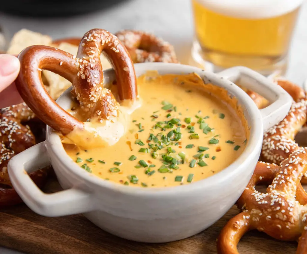 Creamy savory beer cheese dip served with crunchy pretzels and bread slices.