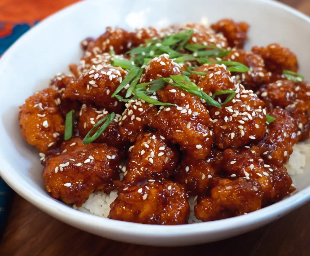 Delicious crispy sesame chicken glazed with savory sauce on a white plate.