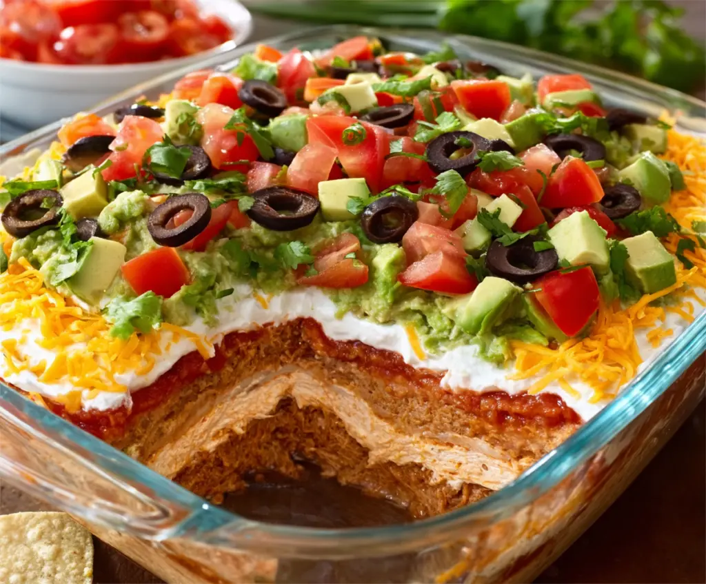Colorful seven layer dip with beans cheese guacamole sour cream and salsa in a clear glass dish