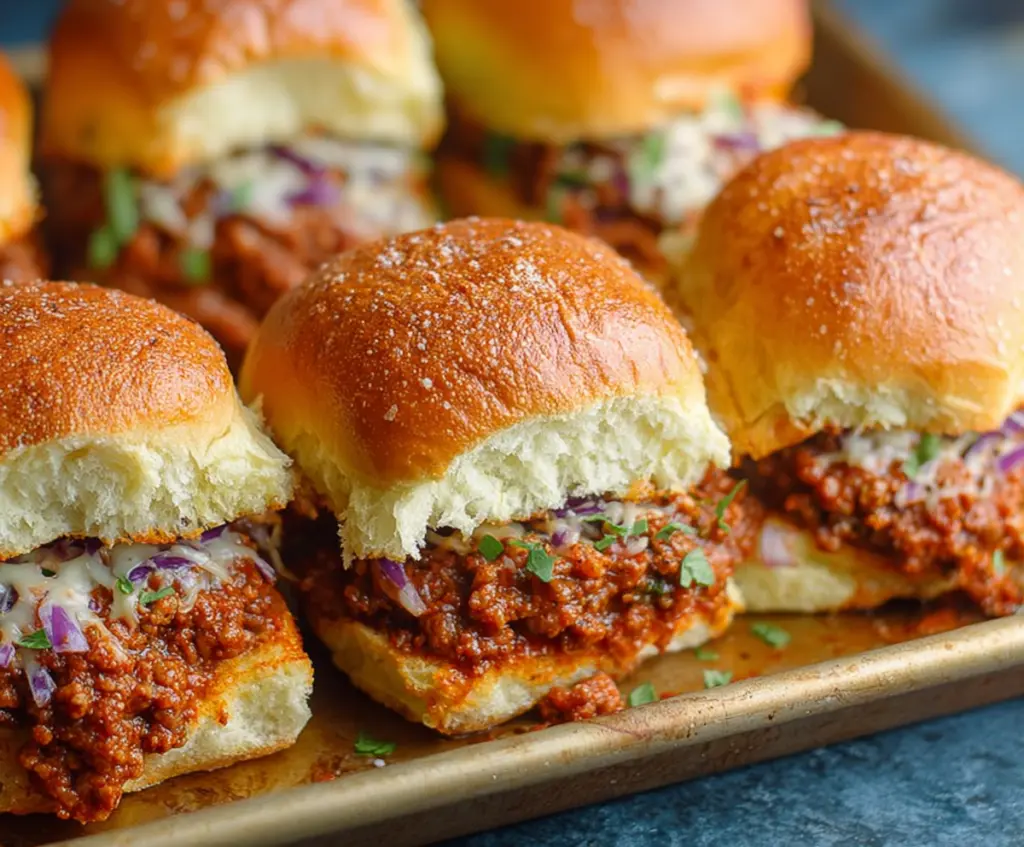 Delicious Sloppy Joe Sliders with melted cheese and fresh toppings on a plate.