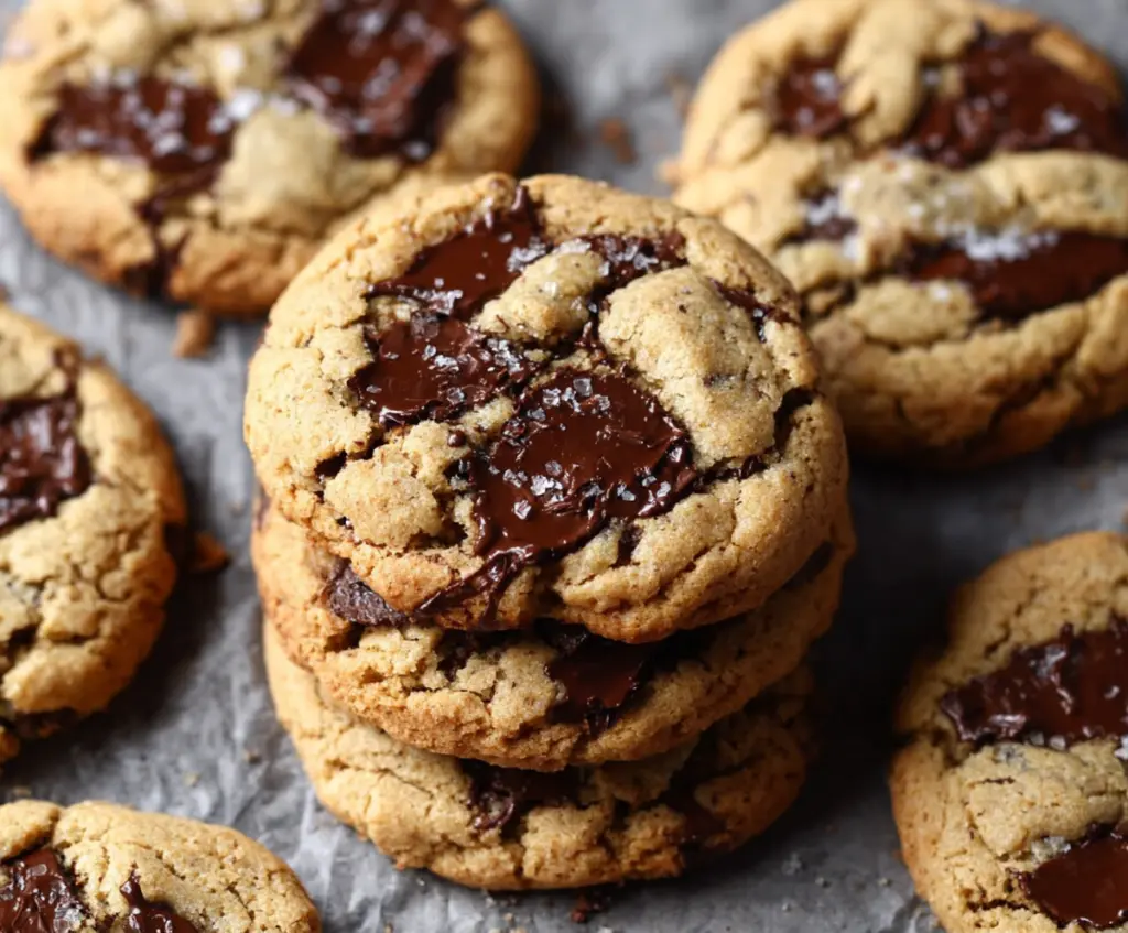 Delicious homemade sourdough discard chocolate chip cookies freshly baked with crispy edges and melty chocolate chips.