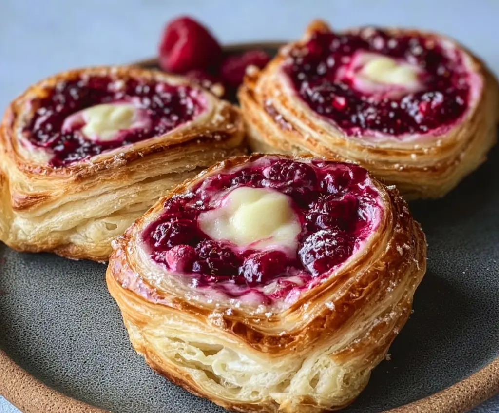Delicious sourdough discard raspberry cream cheese Danishes on a plate