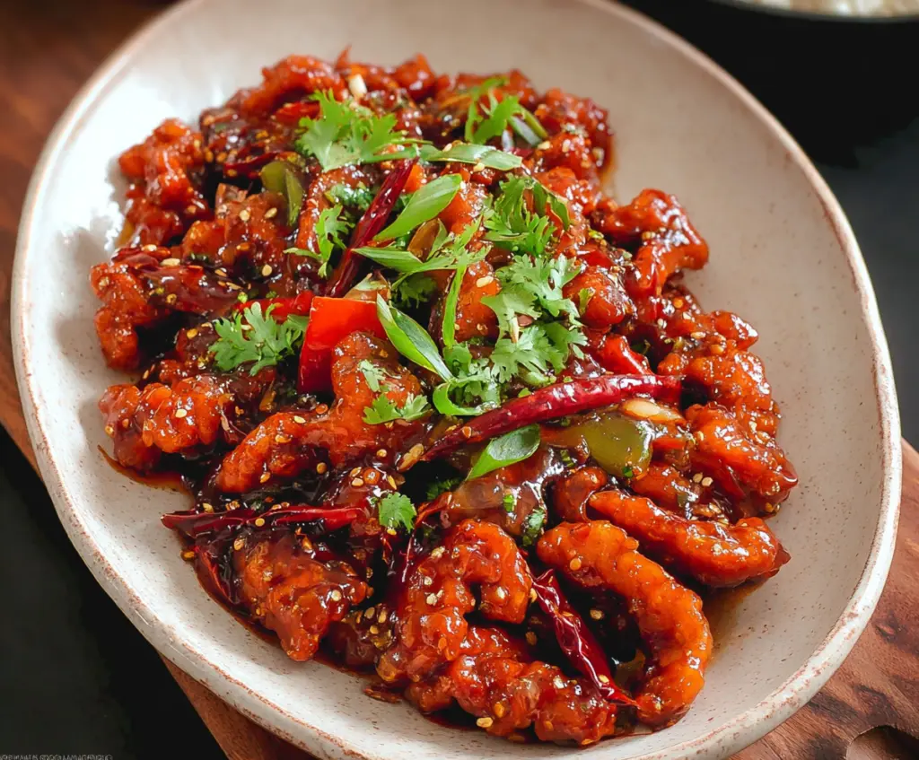 Delicious spicy Dragon Chicken dish with vibrant red peppers and tender chicken pieces.