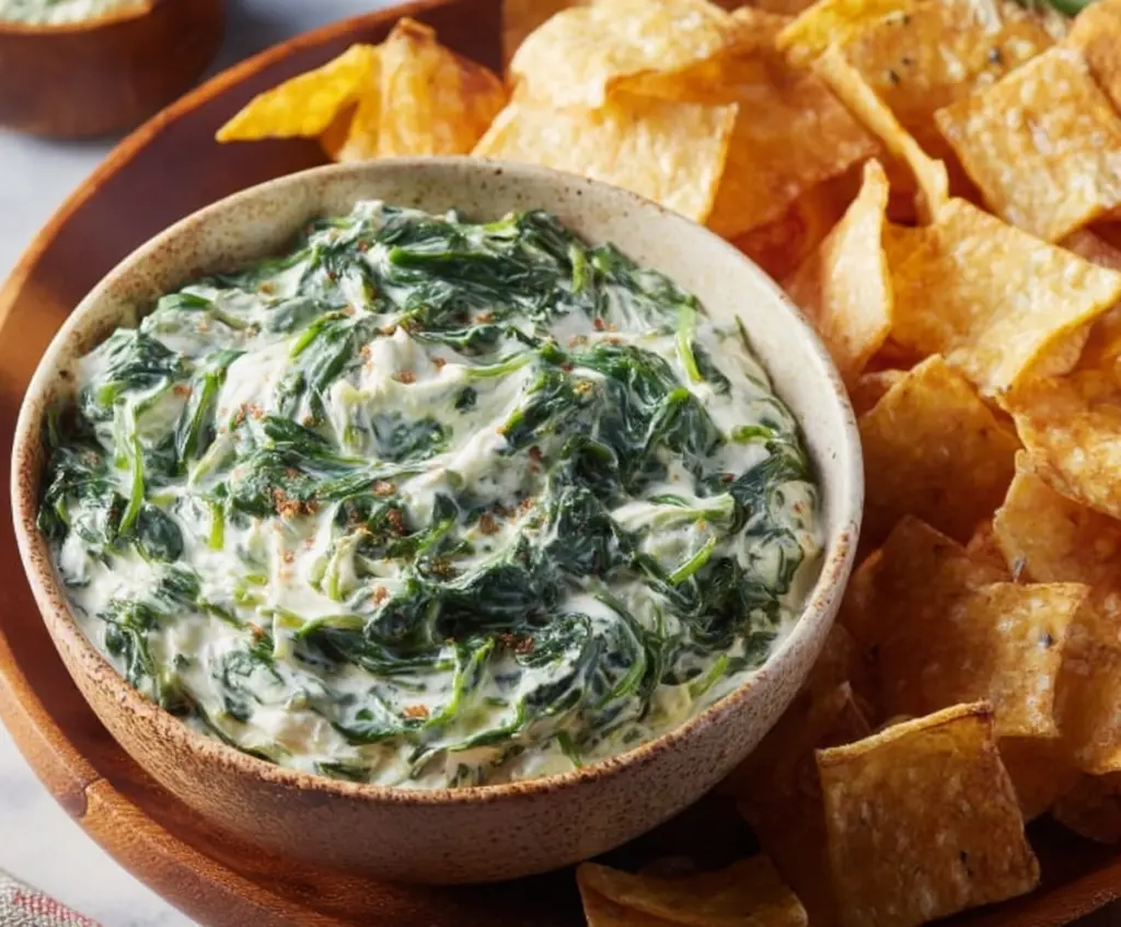 Creamy spinach dip garnished with chopped herbs served in a bowl for a delicious appetizer.
