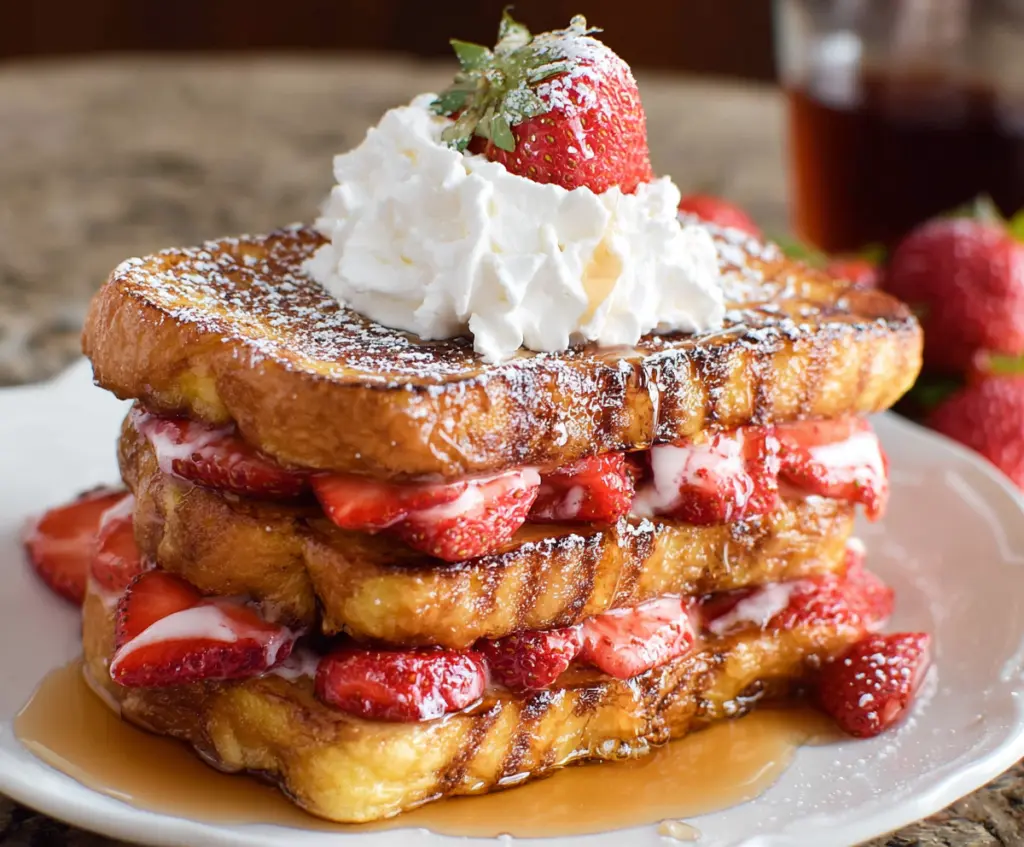 Delicious Strawberries and Cream French Toast topped with fresh berries and whipped cream.