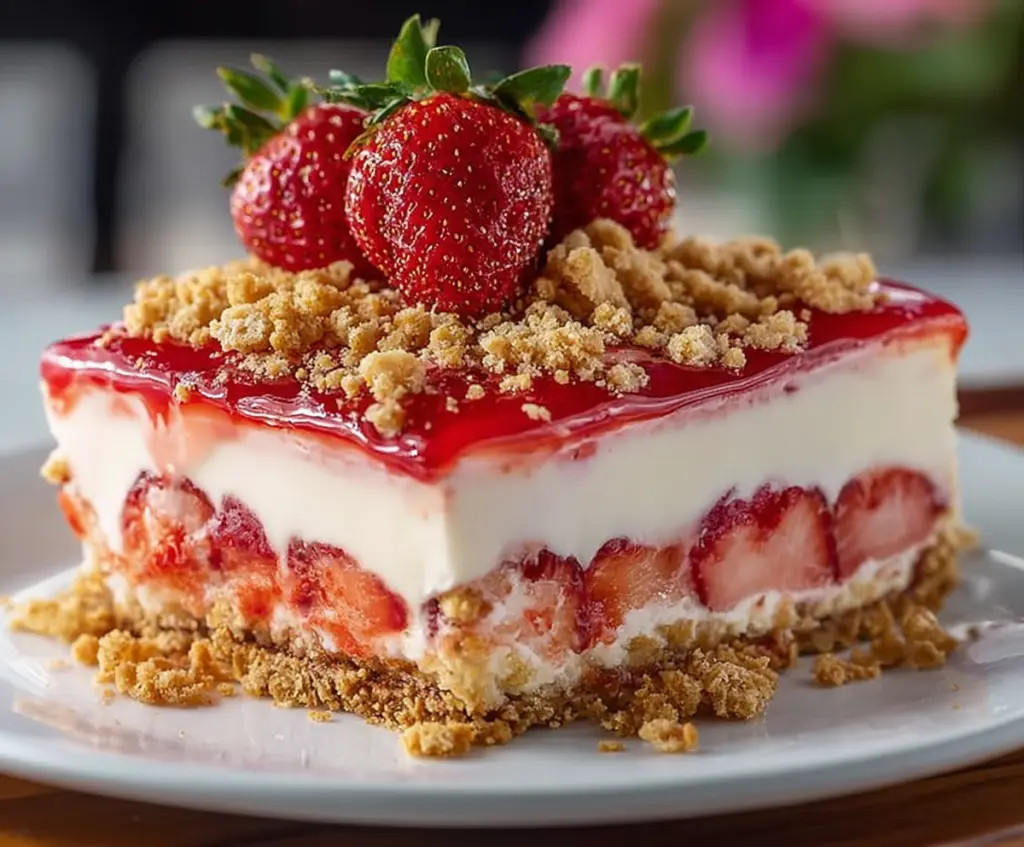 Delicious Strawberry Crunch Cheesecake with fresh strawberries and crunchy topping