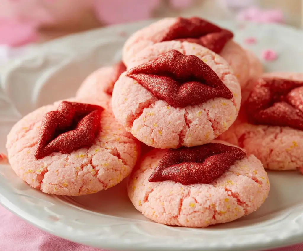 Delicious Strawberry Kiss Cookies topped with colorful candies, perfect for any celebration.
